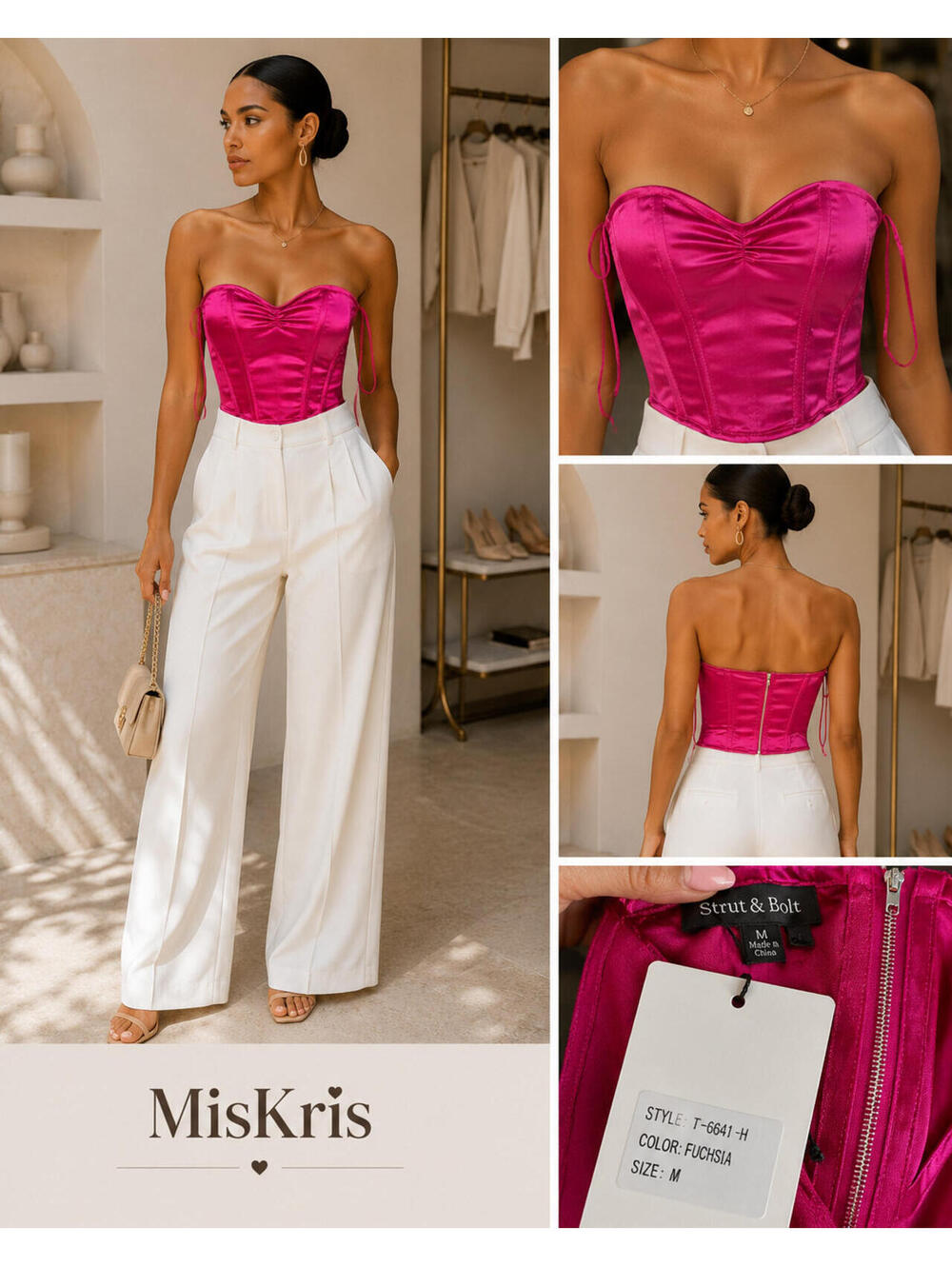 NWT Strut & Bolt Fuchsia Satin Corset Crop Top Size Medium Strapless Party Top
